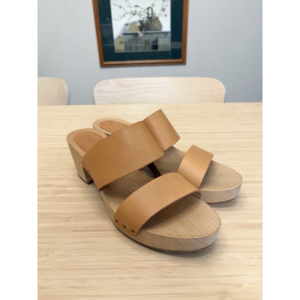 Madewell Clara Clog Sandal in Desert Camel Wooden Soles Brown Leather Straps 8.5